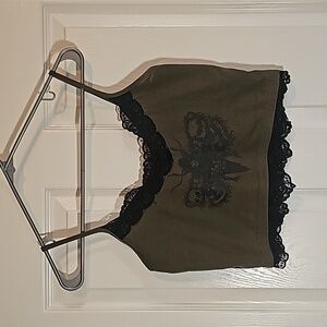 Green Crop Top with Black Lace Trim Skull Moth Size L